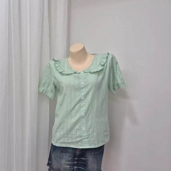 [BUNJANG] Mint Ruffle Short Sleeve Blouse / 민트색 프릴 반팔 블라우스