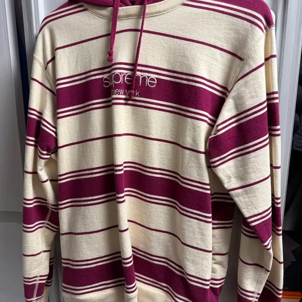 [BUNJANG] Supreme Striped Hoodie Ivory Burgundy / 슈프림 스트라이프 후드티 아이보리 버건디
