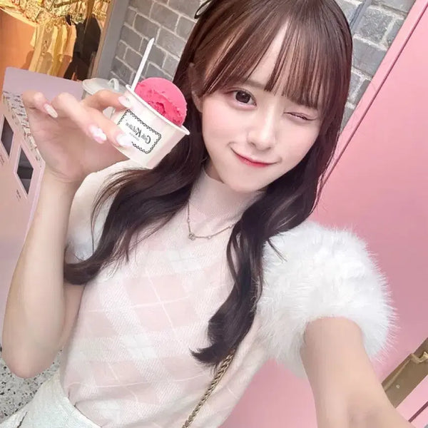 [BUNJANG] Grl Fur Check Pink Knit Sweater / Grl 그래일 퍼 체크 핑크 스나계 니트 일브