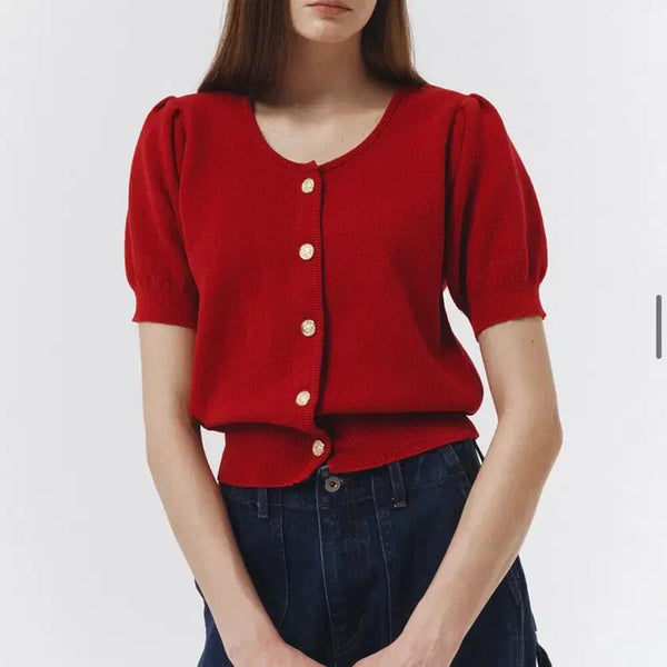 [BUNJANG] Dunst Red Short Sleeve Cardigan Gold Button Puff Sleeve / 던스트 레드 반팔가디건 단추 퍼프 금장 포인트 지수가디건