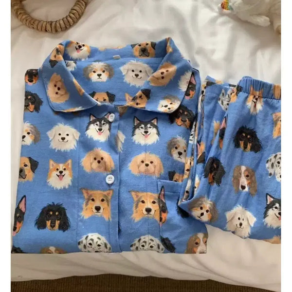 [BUNJANG] Blue Waffle Cotton Pajama Set Women's Sleepwear Homewear / 블루 와글 강아지 순면 파자마 여성 잠옷세트 홈웨어