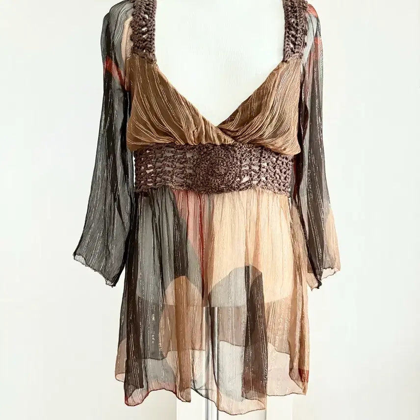 [BUNJANG] Patrizia Pepe Sheer Crochet Detail Blouse / 파트리지아 페페 시스루 브라운 크로셰 디테일 블라우수
