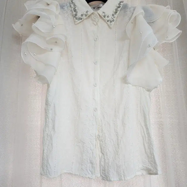 [BUNJANG] A-VOL Ivory Frill Blouse with Cubic Neckline / 프릴 블라우스 아이보리(미착용)