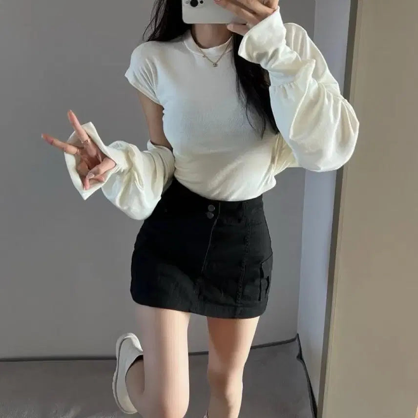 [BUNJANG] Two-Button Low-Rise Cargo Skirt Pants - Black / 새상품! 골반핏 투버튼 카고치마바지