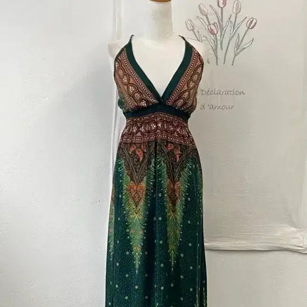 [BUNJANG] Ethnic Pattern Long Halterneck Beach Dress / 에스닉 패턴 롱 홀터넥 비치 원피스