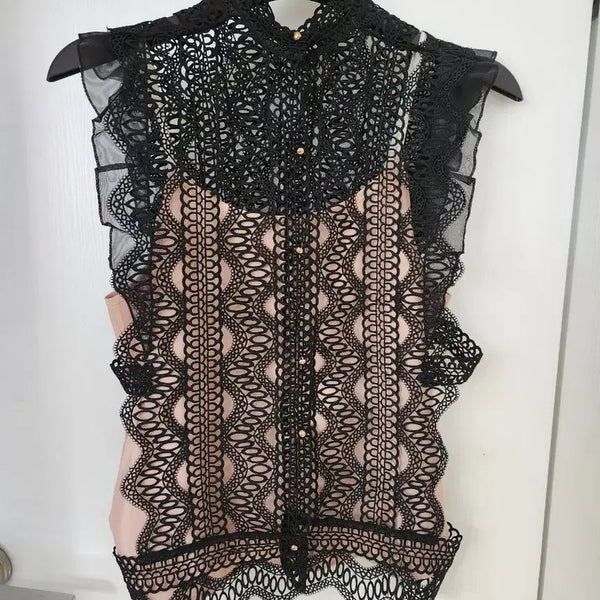 [BUNJANG] Black Lace High-Neck Sleeveless Set - Size 55 / 블랙 레이스 시스루 하이넥 나시 세트(55사이즈)