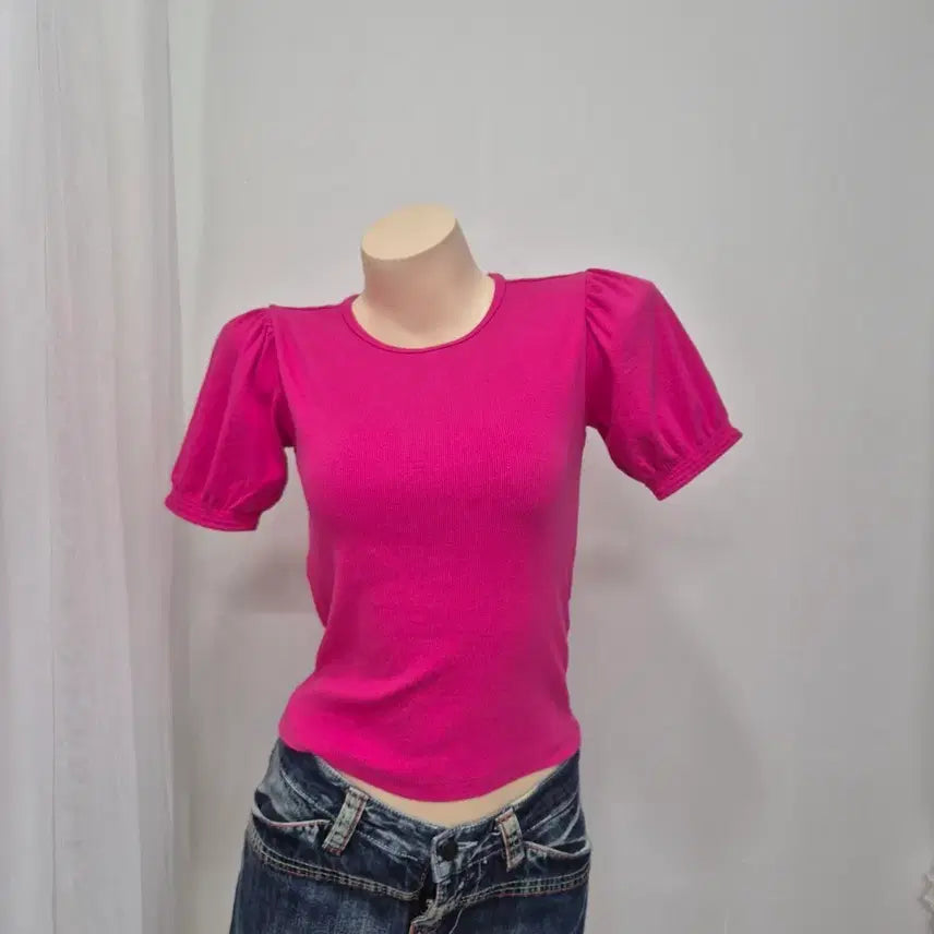 [BUNJANG] Zara Hot Pink Puff Short Sleeve T-Shirt / 자라 핫핑크 퍼프 반팔 티셔츠