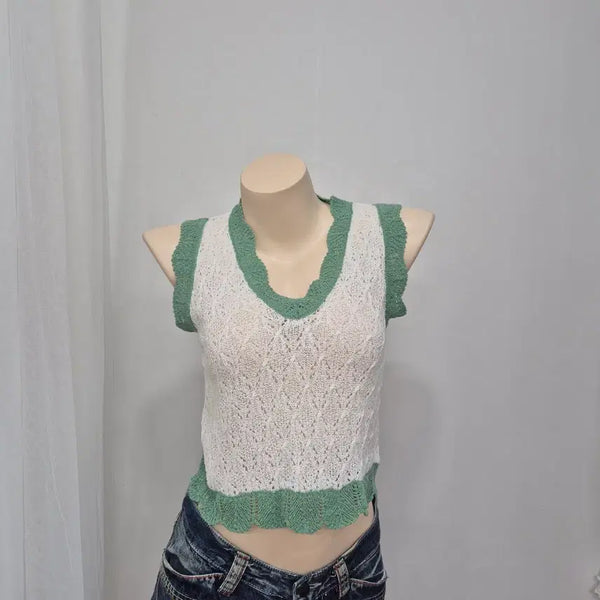 [BUNJANG] White & Green Crochet Vest (New) / 화이트 그린 크로셰 뜨개 조끼(새제품)