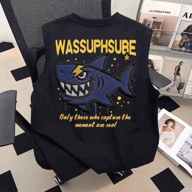 [BUNJANG] WASSUP Embroidered Sleeveless T-Shirt / WASSUP 블랙 상어 자수 민소매 티셔츠 3색상