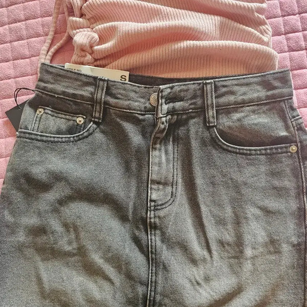 [BUNJANG] Peach Pink Shirring Top & Black Denim Skirt Set / 새거ㅡ피치핑크 셔링티&블랙 데님스커트