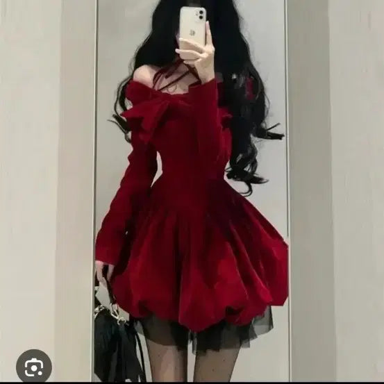 [BUNJANG] Ribbon Off-Shoulder Long Sleeve Dress Red / 12시까지) 리본 오프숄더 롱 슬리브 원피스 레드 스나계 생일상 고스펑크