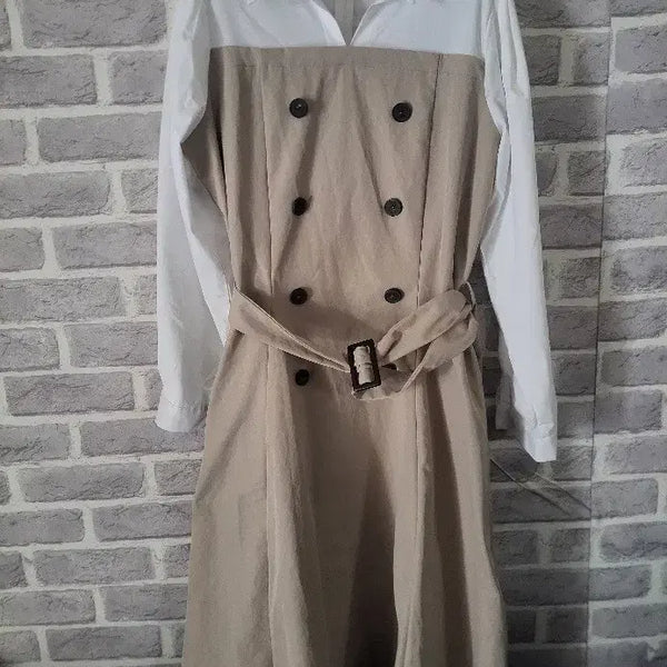 [BUNJANG] Honey comb Double Button Layered Shirt Dress Beige / Honey comb 셔츠 레이어드 베이지 더블 원피스/알뜰한여우