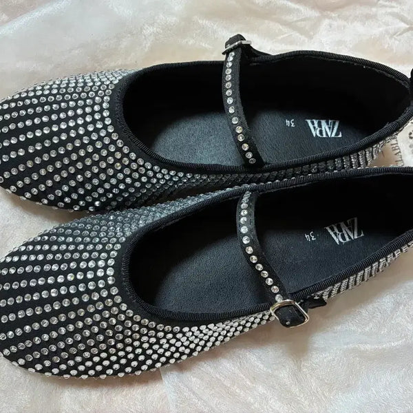 [BUNJANG] Zara Girls' Black Jewel Embellished Flat Shoes (220mm) / 자라 여아 플랫슈즈 34(220mm) 1회착용