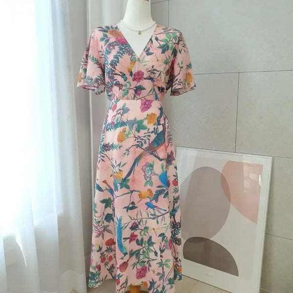 [BUNJANG] Pink Flower/Bird Print Long Dress / 핑크 플라워/버드 프린트 롱 원피스
