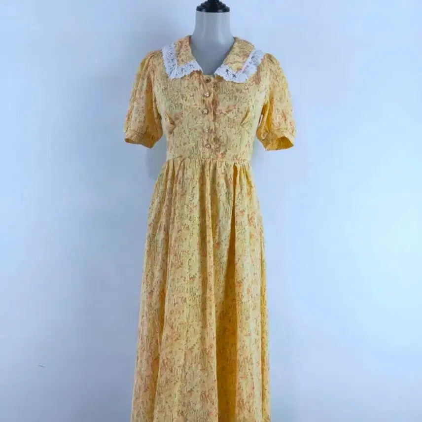 [BUNJANG] Lace Puff Sleeve Yellow Floral Dress / 레이스카라퍼프소매노랑잔플라워원피스