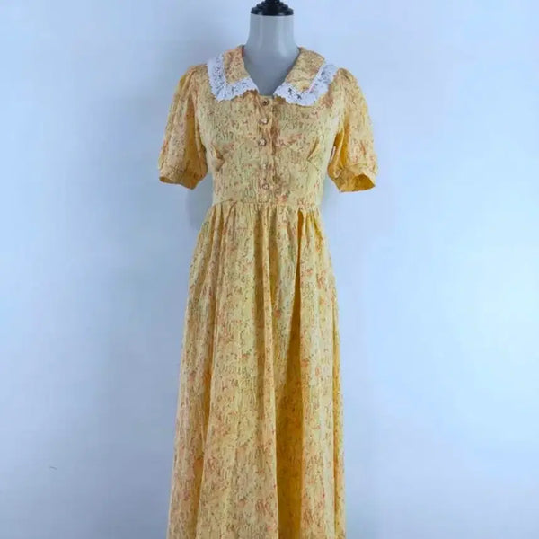 [BUNJANG] Lace Puff Sleeve Yellow Floral Dress / 레이스카라퍼프소매노랑잔플라워원피스