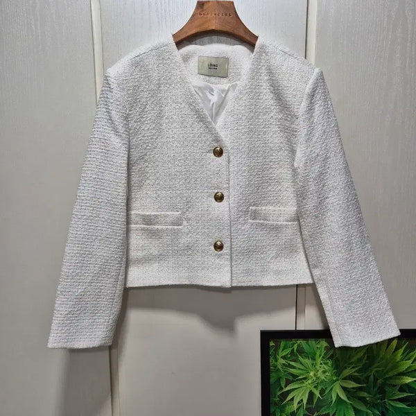 [BUNJANG] LOING V-Neck Tweed Jacket (White) / (세일)(새상품)LOING 노카라V넥 트위드 자켓