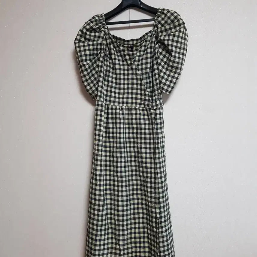 [BUNJANG] Checkered Puff Sleeve Wrap Maxi Dress / 랩 원피스