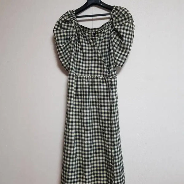 [BUNJANG] Checkered Puff Sleeve Wrap Maxi Dress / 랩 원피스