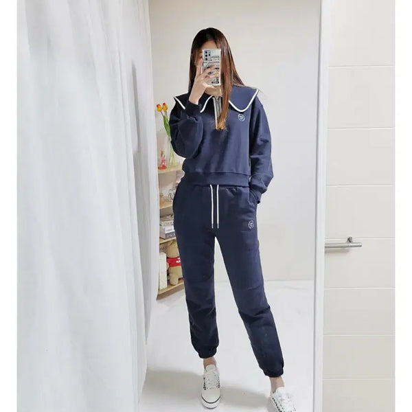 [BUNJANG] Sailor Collar Sweatshirt and Jogger Pants Set / 세일러 카라 맨투맨 조거 세트 트레이닝복 세트 등원룩