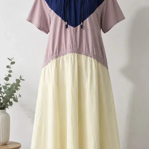 [BUNJANG] Colorblock Long Dress Pink/Navy / 배색 롱 원피스 핑크/네이비