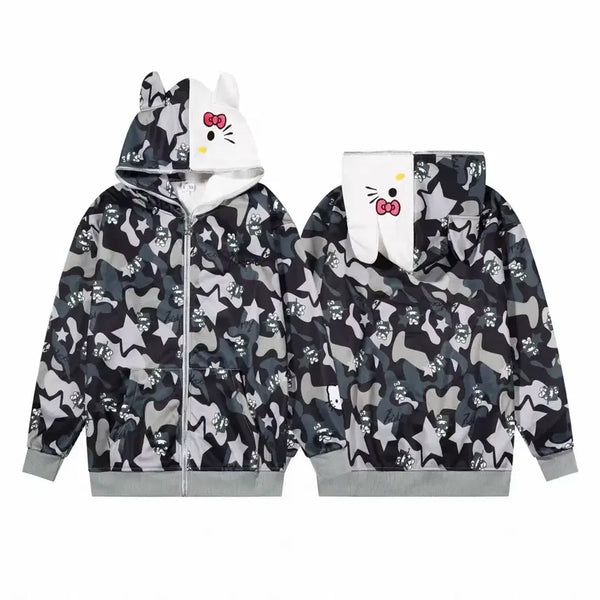 [BUNJANG] Hello Kitty Camo Hoodie Zip-Up (L, XL) / 헬로키티 카모 후드집업 미착용 하자상품