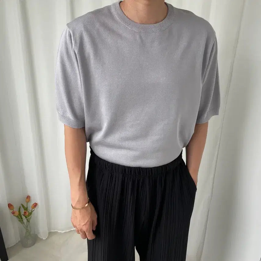 [BUNJANG] Men's Grey Short-Sleeve Knit - New / 남자 그레이 반팔 니트 새상품