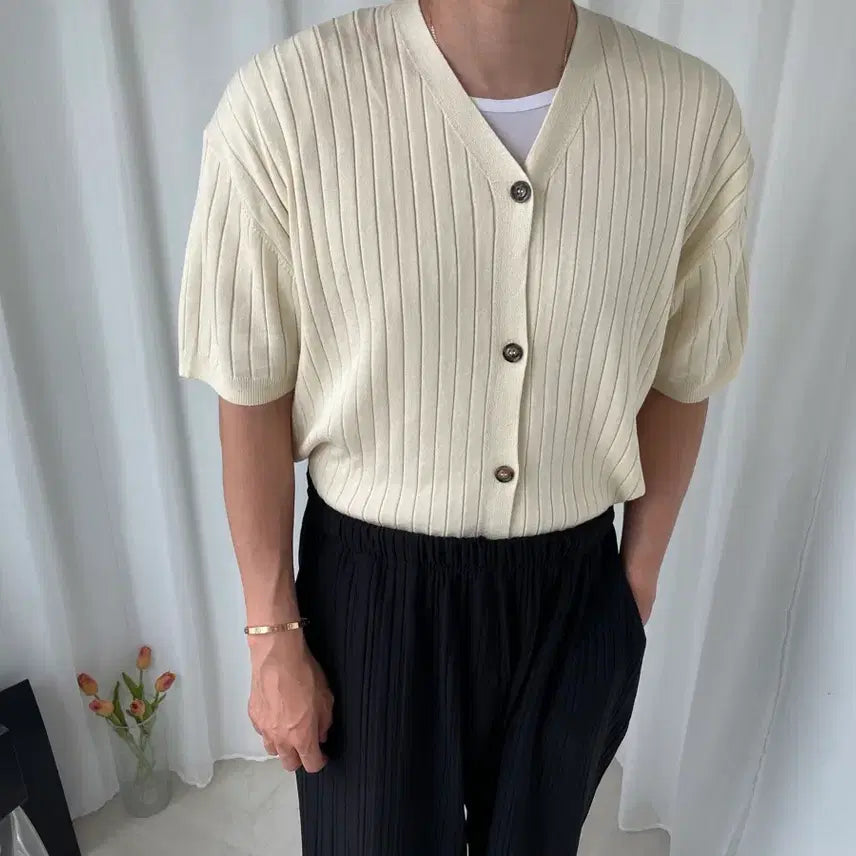 [BUNJANG] Men's Beige Short-Sleeve Cardigan / 남자 베이지 반팔 가디건 새상품
