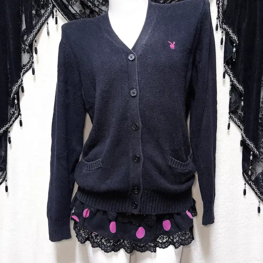 [BUNJANG] Playboy Pink Bunny Kogal Knit Cardigan / 플레이보이 핑크버니 코갸루 니트가디건 오네 러블리 핀터 프레피 너드 교복