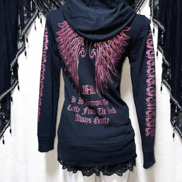 [BUNJANG] GothPunk Y2K Blackpink Lettering Glitter Wing Hood Zip-Up / 고스펑크 y2k 와투케 갸루 블랙핑크 레터링 글리터 날개 후드집업 핀터