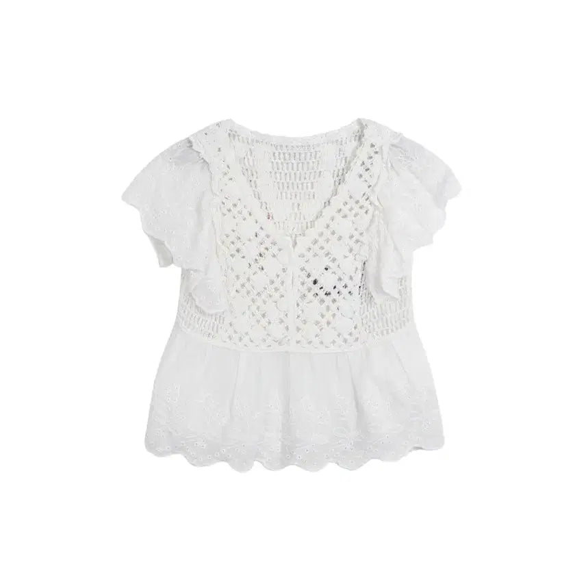 [BUNJANG] Women's S Crochet Mix Blouse / 여성S/ 크로쉐 뜨개 느낌 믹스 블라우스 WT 35-164