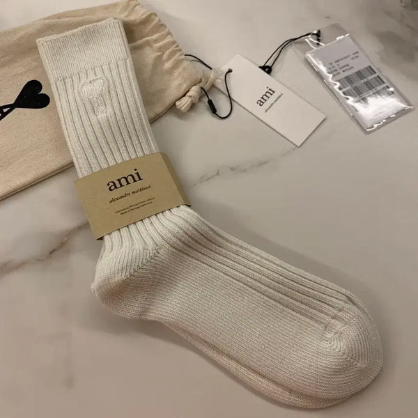 [BUNJANG] AMI White Heart Logo Ribbed Socks Size S / 아미 화이트 하트 로고 골지 양말 S사이즈