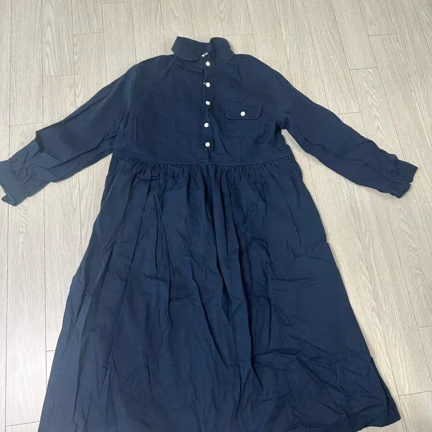 [BUNJANG] Navy Long Sleeve Shirt Dress / 롱 원피스 네이비 긴팔 셔츠형