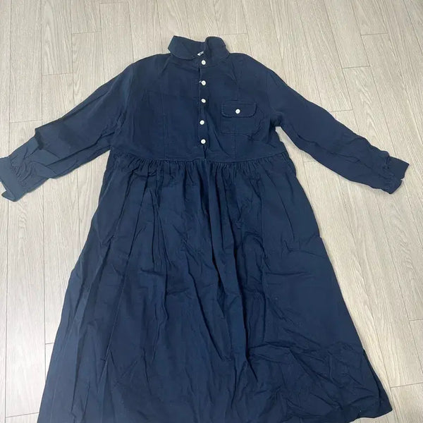 [BUNJANG] Navy Long Sleeve Shirt Dress / 롱 원피스 네이비 긴팔 셔츠형