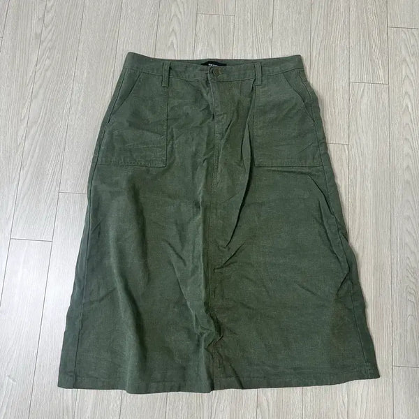 [BUNJANG] Khaki Cotton Midi Skirt with Pocket Detail / 카키색 면 스커트