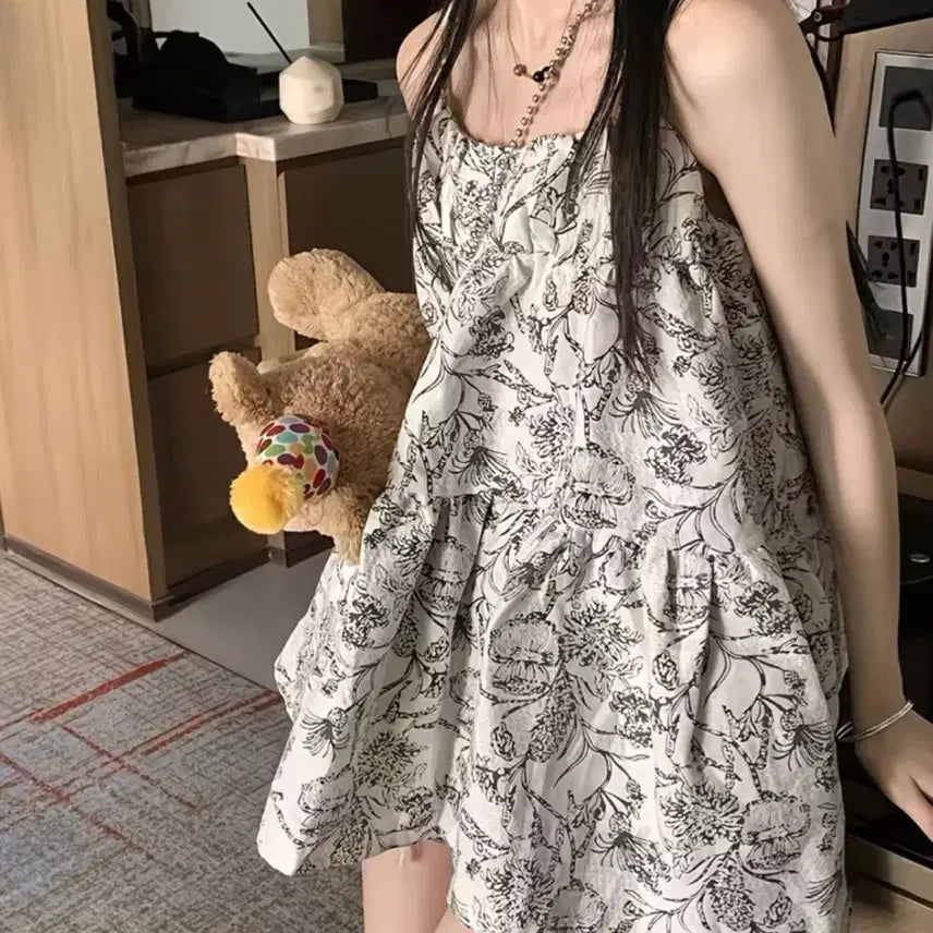 [BUNJANG] Flower Layered Cami Maxi Dress Top Blouse Bustier / 플라워 레이어드 끈 롱나시 원피스 상의 블라우스 에이블리 뷔스티에 퍼빗