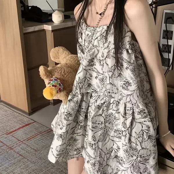 [BUNJANG] Flower Layered Cami Maxi Dress Top Blouse Bustier / 플라워 레이어드 끈 롱나시 원피스 상의 블라우스 에이블리 뷔스티에 퍼빗