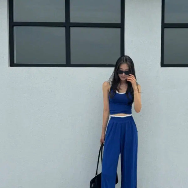 [BUNJANG] Chopper Sleeveless Top and Wide Pants Set / 쵸퍼 배색 나시팬츠세트