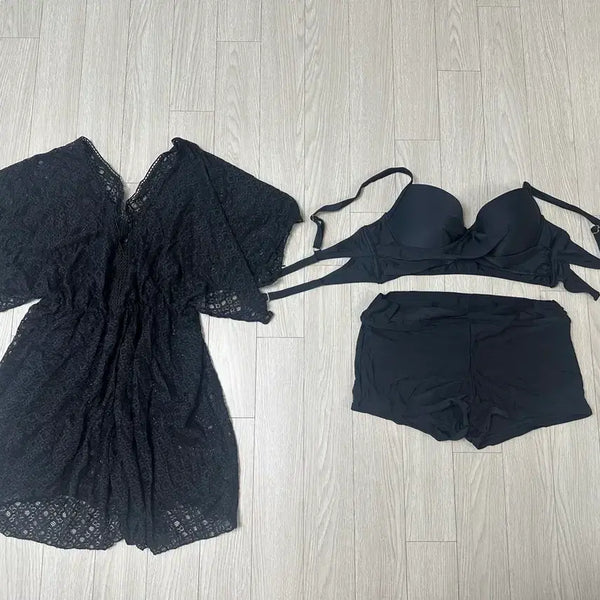 [BUNJANG] Black Lace Beachwear Swimsuit Set / 블랙 레이스 비치웨어 수영복 세트