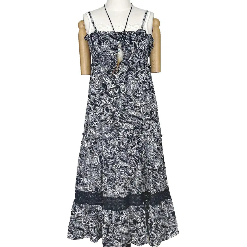 [BUNJANG] Vintage Paisley Lace Strappy Maxi Dress Mori Girl Y2K Hippie Style / 일본빈티지 페이즐리에스 레이스셔링캉캉롱끈원피스 모리걸하구미룩갸루y2k히피
