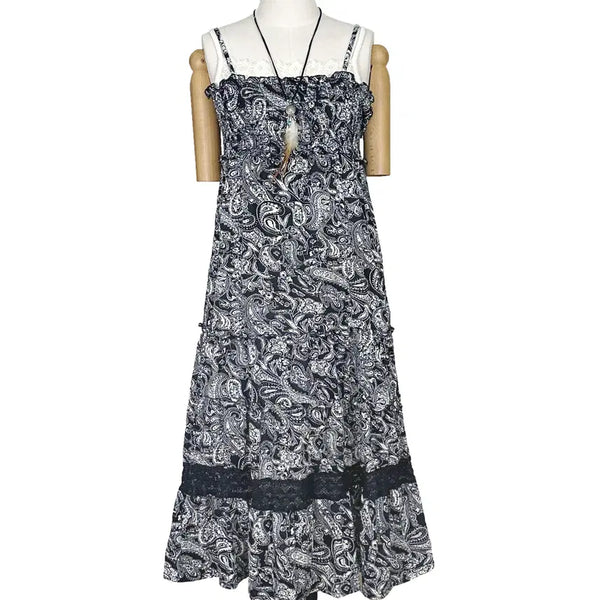 [BUNJANG] Vintage Paisley Lace Strappy Maxi Dress Mori Girl Y2K Hippie Style / 일본빈티지 페이즐리에스 레이스셔링캉캉롱끈원피스 모리걸하구미룩갸루y2k히피