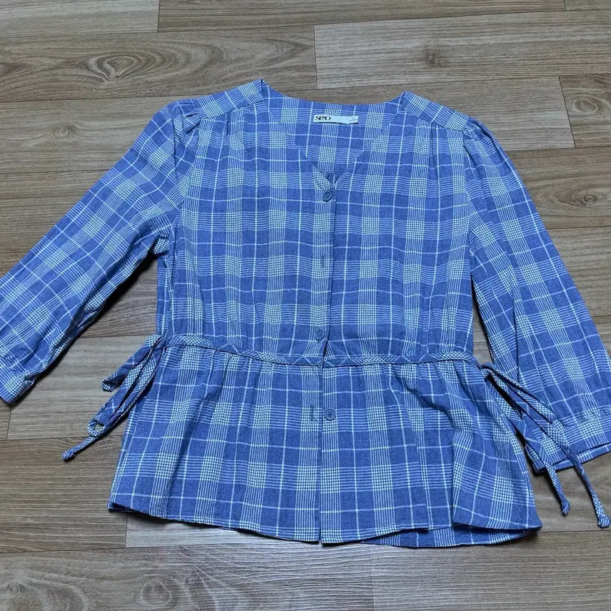 [BUNJANG] SPAO Blue Check String Blouse / SPAO 스파오 블루 체크 끈 블라우스