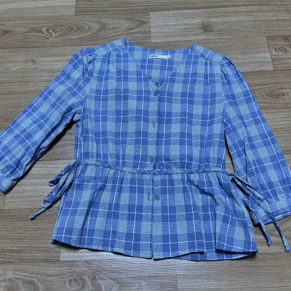[BUNJANG] SPAO Blue Check String Blouse / SPAO 스파오 블루 체크 끈 블라우스