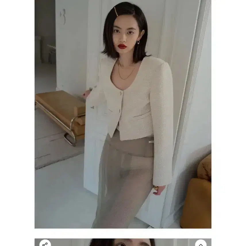[BUNJANG] Overdue Flare Tweed U Neck Crop Jacket - Ivory / 오버듀플레어 트위드자켓 TWEED U NECK CROP JACKET_IV