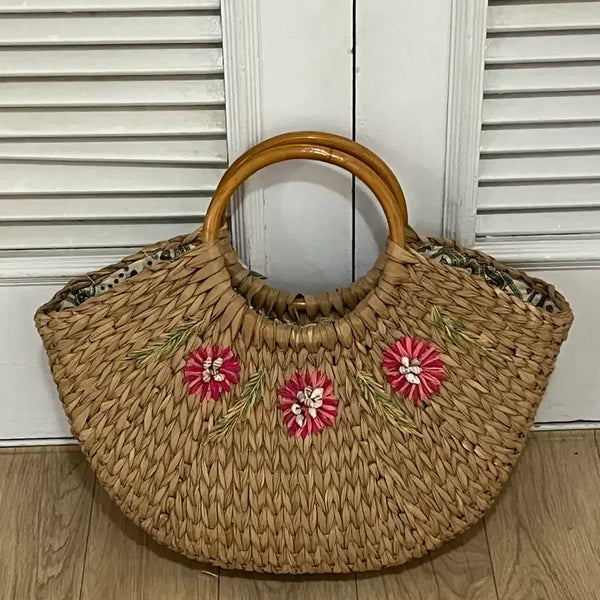 [BUNJANG] Mori Girl Vintage Floral Embroidered Rattan Bag / 모리걸 빈티지 꽃 자수 라탄 가방