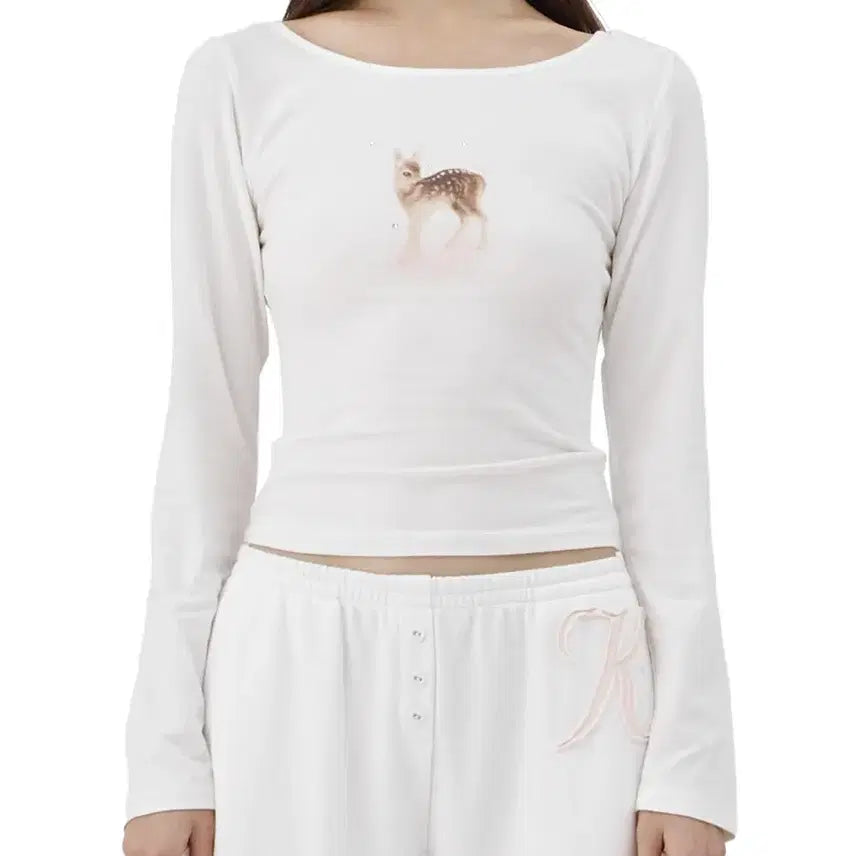 [BUNJANG] Klishier Deer Bambi Sparkle Top Long Sleeve T-shirt White / 클리시어 디어 밤비 스파클 탑 화이트 긴팔티롱슬리브클린걸핀터