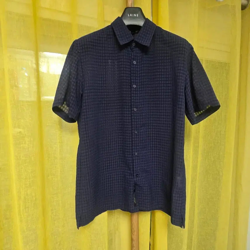 [BUNJANG] Red Oaks Linen Navy Mesh Check Short Sleeve Shirt (Size 105) / 레드옥스 린넨 네이비 망사 체크 반팔 셔츠105