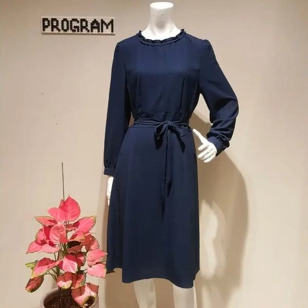 [BUNJANG] PROGRAM Frill Neck Belt A-Line Chiffon Flare Dress Navy 97 (77) / 프로그램 프릴 넥 벨트 A라인 쉬폰 원피스 플레어 네이비 97 77