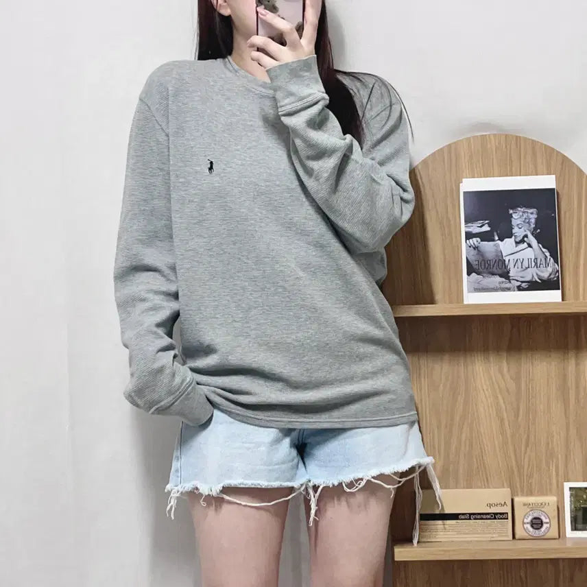 [BUNJANG] Polo Ralph Lauren Waffle Knit T-Shirt Black Pony Logo Grey L / 폴로 그레이 / 블랙포니 와플티 [ L ]