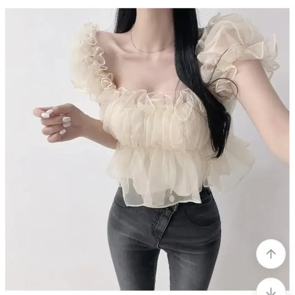 [BUNJANG] Two-Way Lovely Frill Puff Blouse - New Condition / [새상품] 투웨이 러블리 프릴 퍼프 블라우스
